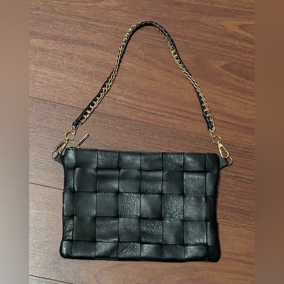 Vintage Anna Paola black leather purse bag Gold chain woven black leather soft - Picture 2 of 7